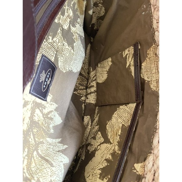 Tocca Natural Straw Wood  Brown Floral Leather Footed Satchel Tote Purse 15 x 19 - Picture 9 of 10